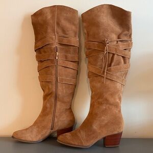 Sole Society Antoinette Cognac Tall Knee High Suede Heeled Boots